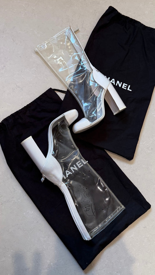 Chanel  CC Grosgrain cap toe mid calf boots PVC SS2018 - Eu 38