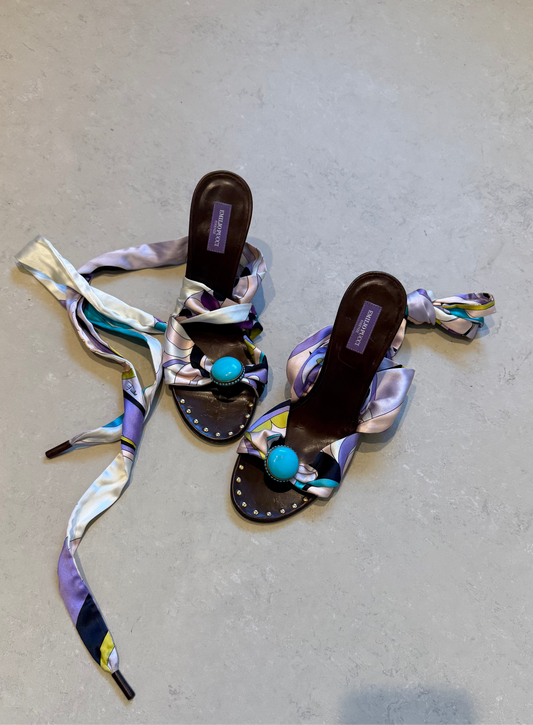Emilio Pucci - Multicoloured Satin Ankle Wrap Wedges EU39