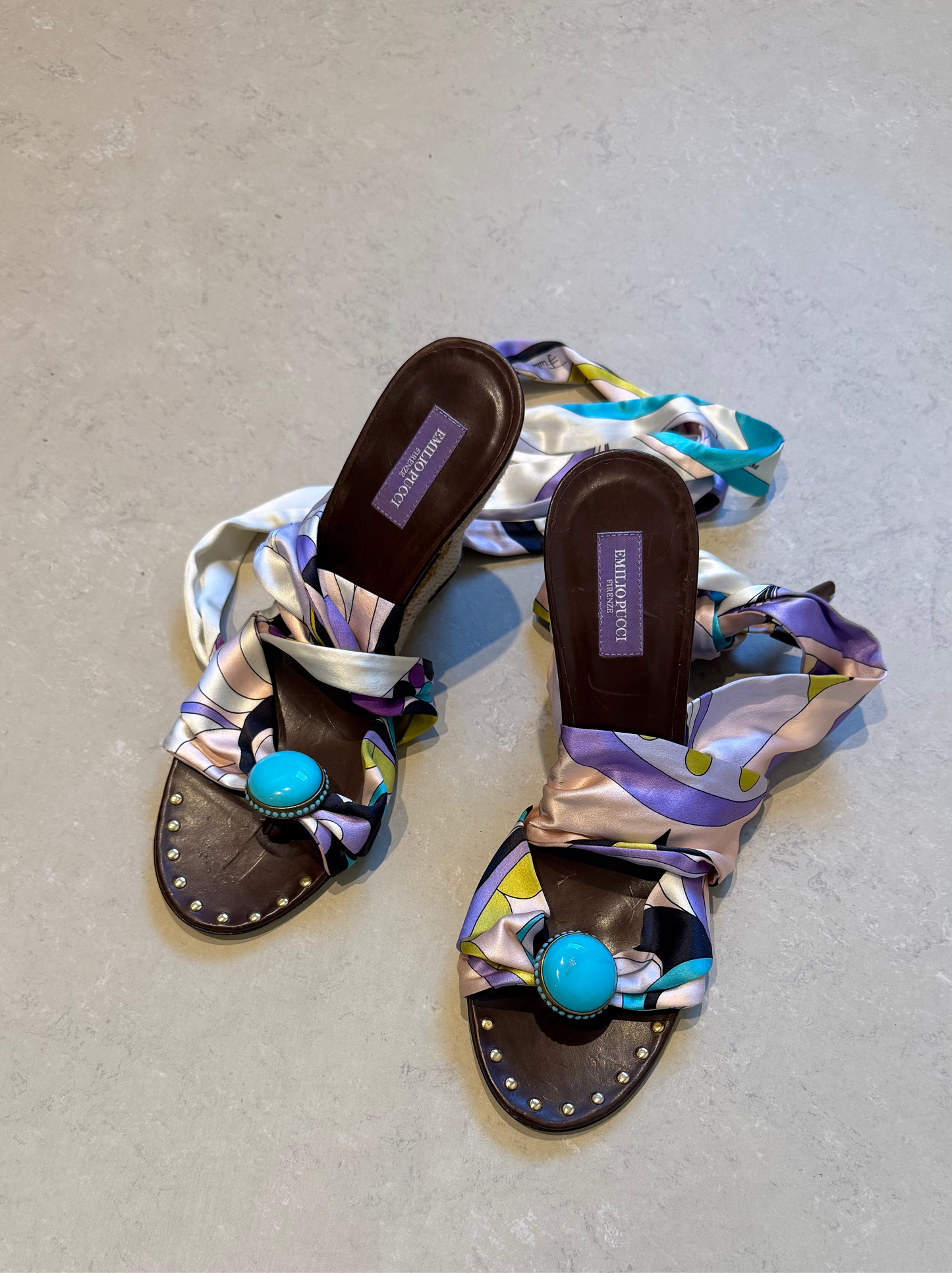 Emilio Pucci - Multicoloured Satin Ankle Wrap Wedges EU39