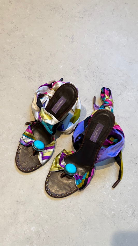 Emilio Pucci - Multicoloured Satin Ankle Wrap Wedges EU38