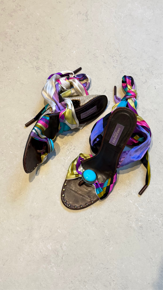Emilio Pucci - Multicoloured Satin Ankle Wrap Wedges EU38