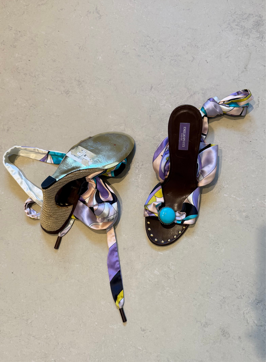 Emilio Pucci - Multicoloured Satin Ankle Wrap Wedges EU39