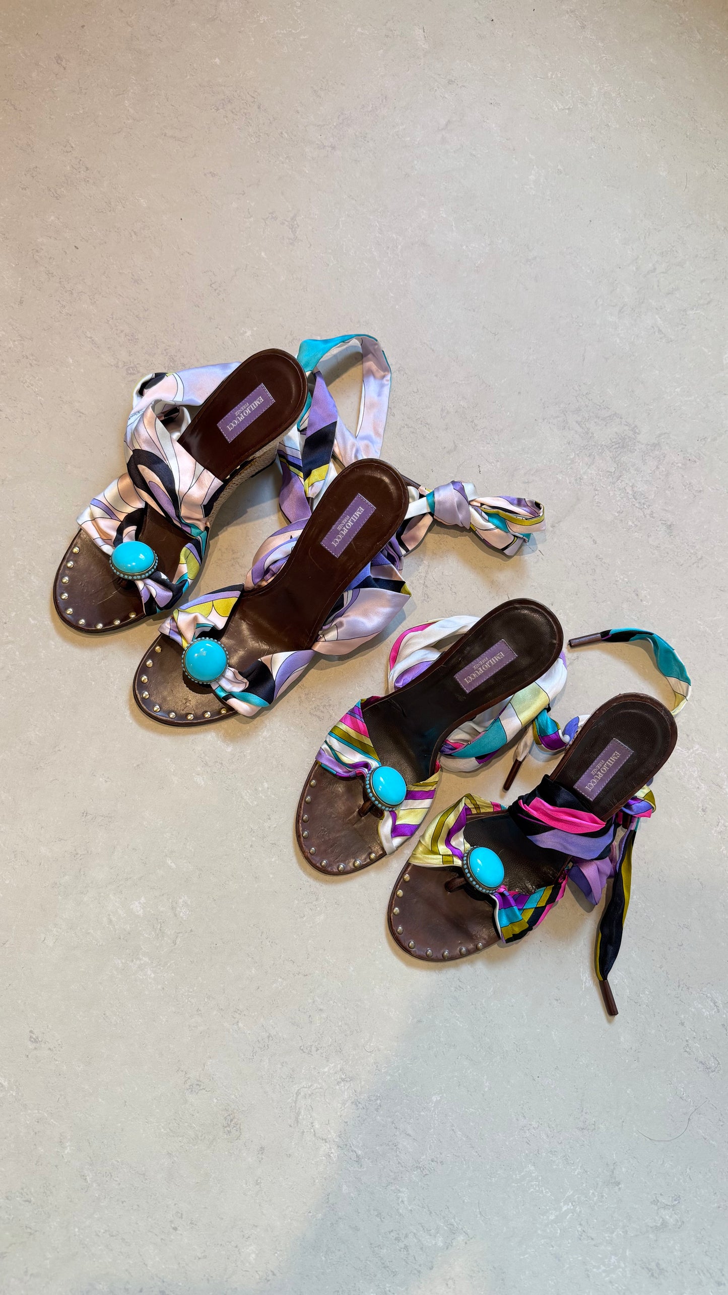 Emilio Pucci - Multicoloured Satin Ankle Wrap Wedges EU39