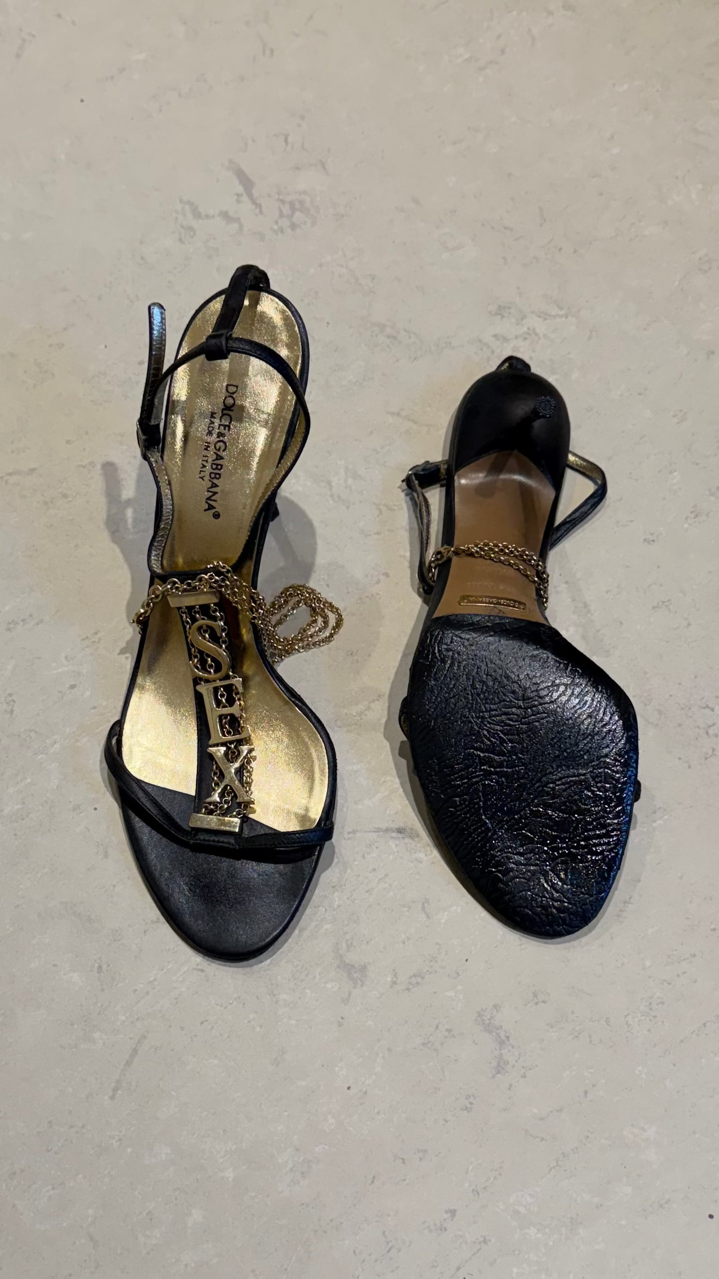 Dolce & Gabbana S/S 2003 Vintage "SEX" Black Leather Chain Runway Sandal Heels
 - EU 41