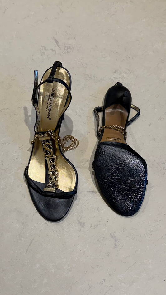 Dolce & Gabbana S/S 2003 Vintage "SEX" Black Leather Chain Runway Sandal Heels
 - EU 41