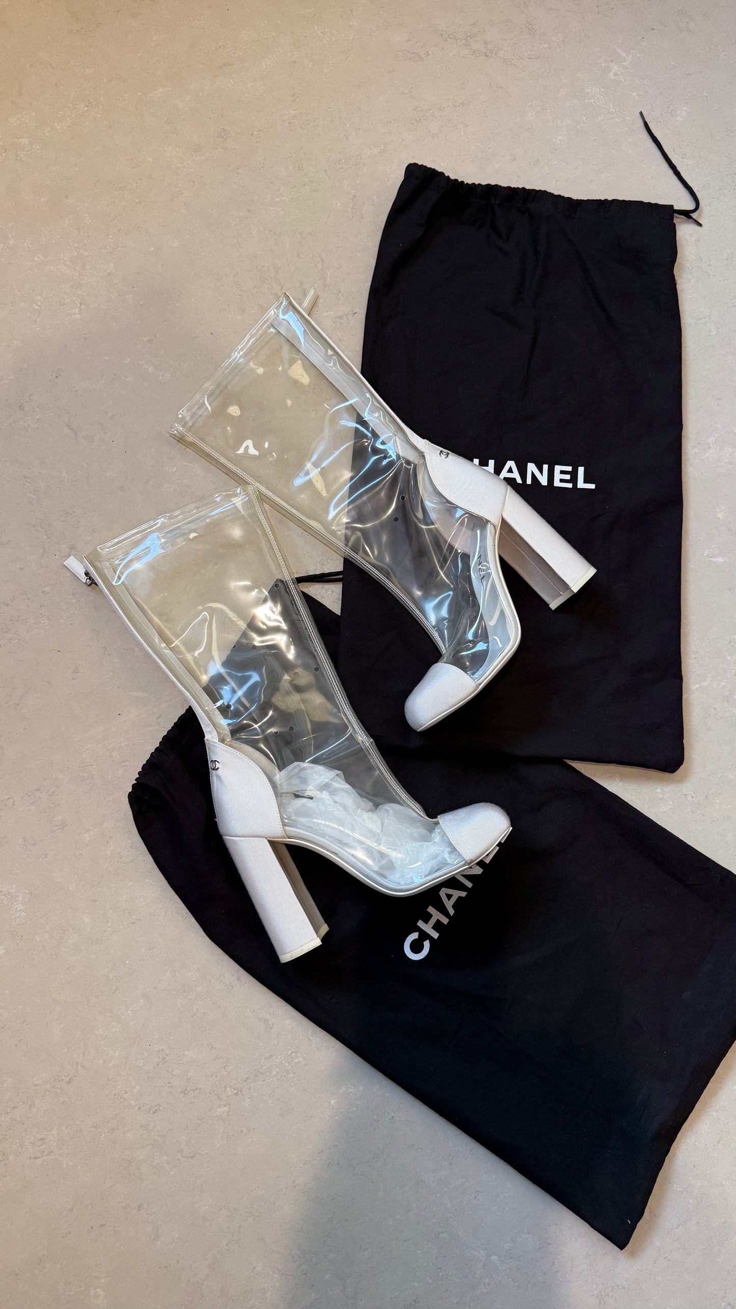 Chanel  CC Grosgrain cap toe mid calf boots PVC SS2018 - Eu 38