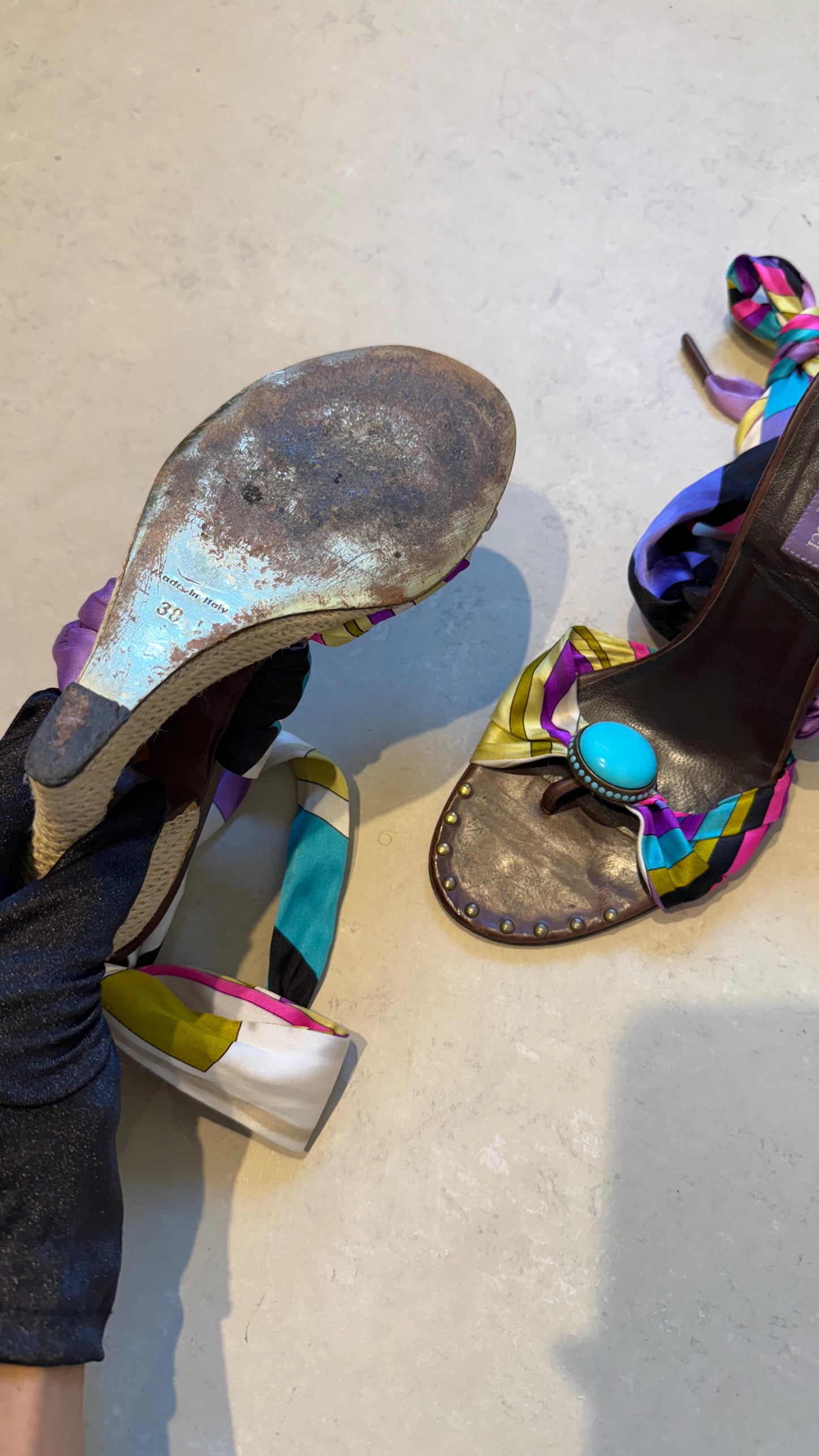 Emilio Pucci - Multicoloured Satin Ankle Wrap Wedges EU38
